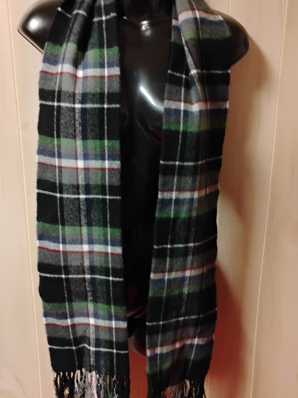 Men's Black Plaid Fringe Scarf with Green and Navy Accents